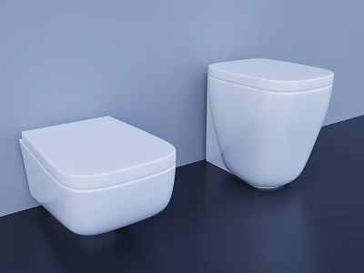 Two White Modern Wall Mounted Toilets In Bathroom With Light Blue Wall And Dark Floor 3d model