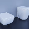 Two White Modern Wall Mounted Toilets In Bathroom With Light Blue Wall And Dark Floor