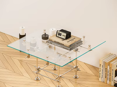 Modern Glass Coffee Table With Metal Legs Stacked Books Decorative Clock On Wooden Herringbone Floor 3d model