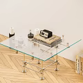 Modern Glass Coffee Table With Metal Legs Stacked Books Decorative Clock On Wooden Herringbone Floor