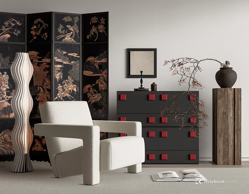 White Single Sofa in Space with Black Screen Gold Patterns Black Drawer Cabinet Red Decor 3d model