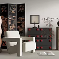 White Single Sofa in Space with Black Screen Gold Patterns Black Drawer Cabinet Red Decor
