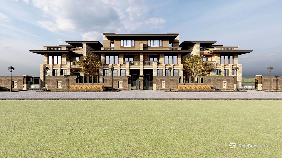 Modern Townhouse Exterior Design With Stone Facade Multiple Windows And Front Lawn 3d model 