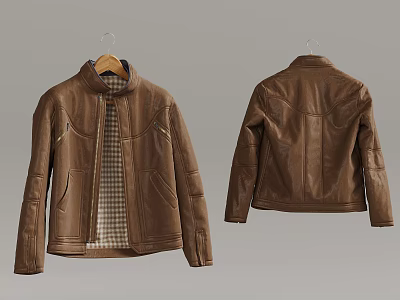 Brown Leather Jacket With Front And Back Views Plaid Lining And Zipper Details 3d model