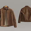 Brown Leather Jacket With Front And Back Views Plaid Lining And Zipper Details