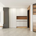 Modern White Sideboard With Black Fridge And Open Storage Shelves In Kitchen Area