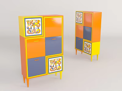Colorful Decorative Cabinet With Patterned Panels Orange Yellow Blue Drawers And Legs 3d model
