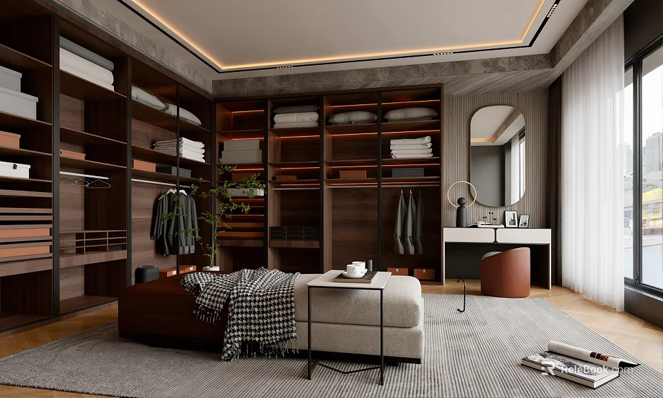 Modern Luxury Walk in Closet With Wooden Cabinets Hanging Racks Bench And Vanity Mirror 3d model 