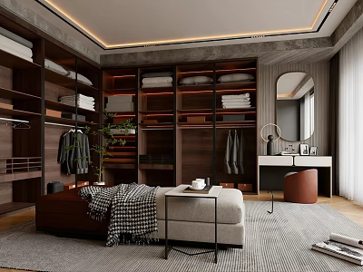 Modern Luxury Walk in Closet With Wooden Cabinets Hanging Racks Bench And Vanity Mirror 3d model