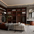 Modern Luxury Walk in Closet With Wooden Cabinets Hanging Racks Bench And Vanity Mirror