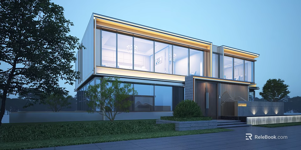 Modern Detached Villa With Large Glass Windows Warm Exterior Lighting Surrounded By Greenery And Lawn 3d model 
