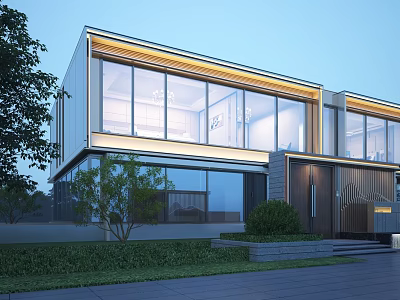 Modern Detached Villa With Large Glass Windows Warm Exterior Lighting Surrounded By Greenery And Lawn 3d model