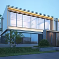 Modern Detached Villa With Large Glass Windows Warm Exterior Lighting Surrounded By Greenery And Lawn