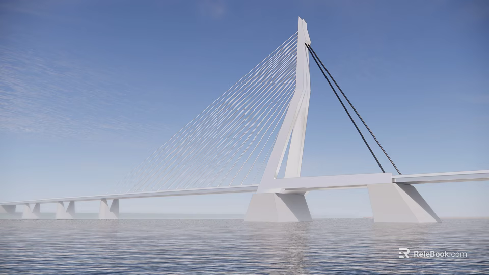 Modern Cable Stayed Bridge Spanning Calm Water With White Structure And Blue Sky Background 3d model 