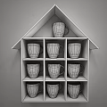 Multiple Yellow Mugs With Different Cartoon Faces On White House Shaped Shelf 3d model