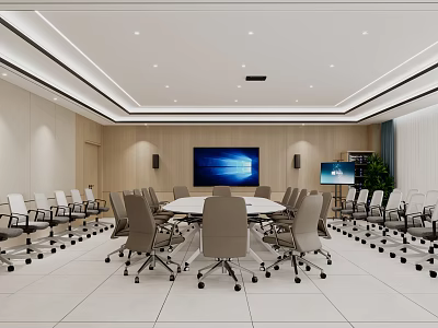 Modern Conference Room Interior With Round Table Ergonomic Chairs And Flat Screens 3d model