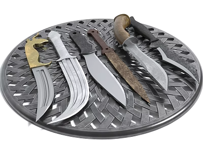 Assorted Knives With Various Handles On Circular Metal Perforated Woven Tray 3d model