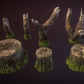 Natural Wooden Stumps With Green Moss And Tree Branches For Decorative Design Elements