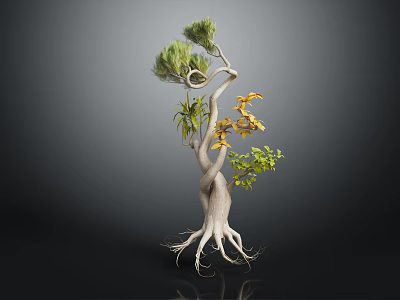 Unique Plant with Curved Trunk Exposed Roots Green Foliage and Yellow Flowers 3d model