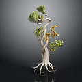 Unique Plant with Curved Trunk Exposed Roots Green Foliage and Yellow Flowers