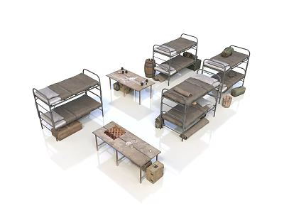 Military Style Dormitory Furniture Collection With Bunk Beds Tables Shelves And Crates 3d model