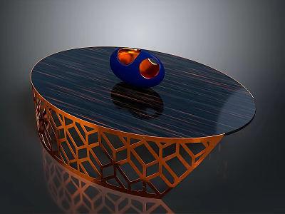 Modern Round Coffee Table With Dark Wooden Top Orange Geometric Base And Blue Decorative Bowl 3d model