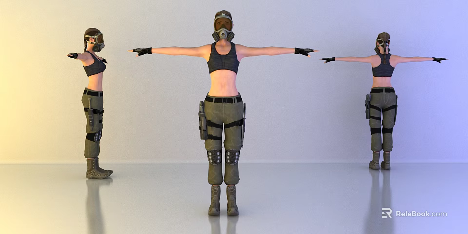 Woman in Tactical Gear with Gas Mask and Extended Arms from Different Angles 3d model 
