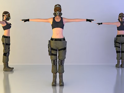 Woman in Tactical Gear with Gas Mask and Extended Arms from Different Angles 3d model