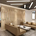 Modern Public Office Space Interior With Reception Counter Sofas Coffee Table And Ceiling Light Strips 3d model