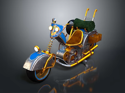 Vintage Blue And Silver Motorcycle With Gold Accents Brown Seat And Green Cargo Rack 3d model