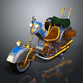 Vintage Blue And Silver Motorcycle With Gold Accents Brown Seat And Green Cargo Rack