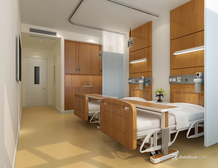 Interior of Hospital Outpatient Clinic Room with Medical Beds Wooden Cabinets and Equipment 3d model 