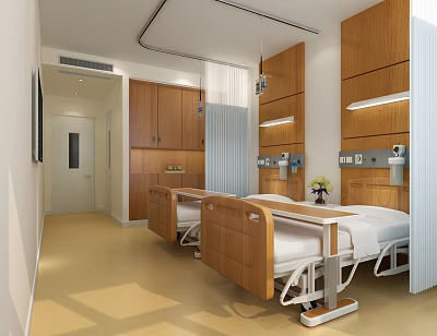 Interior of Hospital Outpatient Clinic Room with Medical Beds Wooden Cabinets and Equipment 3d model