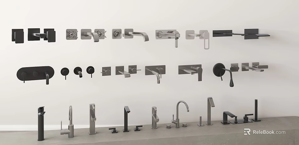 Various Faucet Styles Arranged On White Wall Gray Countertop With Different Designs Metallic Colors 3d model 