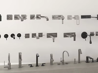 Various Faucet Styles Arranged On White Wall Gray Countertop With Different Designs Metallic Colors 3d model
