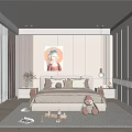 Modern Cozy Bedroom Interior Design With Bed Pillows Rug Wardrobe And Wall Painting