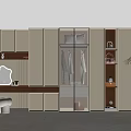 Modern Elegant Walk in Closet Interior With Glass Door Wardrobe Hanging Clothes Dressing Table And Decor