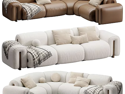 Modern Sectional Sofa Designs With Beige Brown Upholstery Throw Blankets And Pillows 3d model
