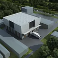 Modern Industrial Factory Building Exterior With Surrounding Trees And Truck Near Road