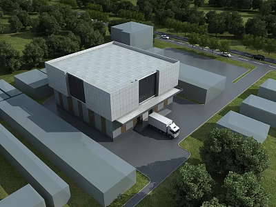 Modern Industrial Factory Building Exterior With Surrounding Trees And Truck Near Road 3d model
