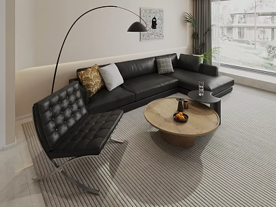Modern Black Leather L Shaped Sofa Coffee Table Set With Wooden Round Table And Armchair 3d model