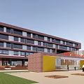 Modern School Building With Brown Exterior Red Yellow Accents Wooden Fence Children Silhouettes Green Lawn