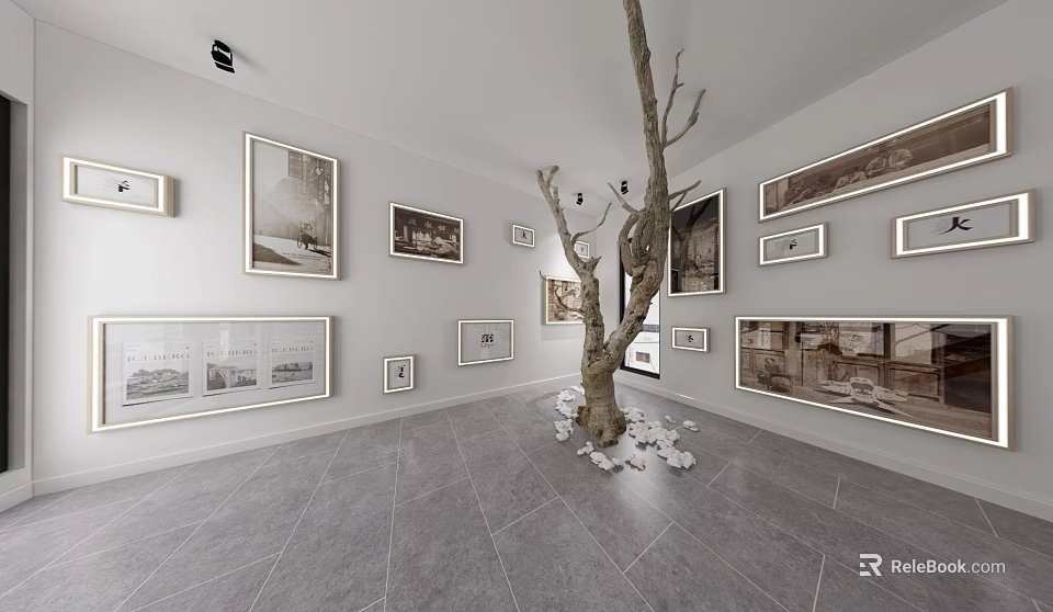 Art Exhibition Hall With Framed Artworks On Walls Central Tree Trunk Decoration Gray Tiled Floor 3d model 