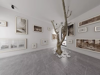 Art Exhibition Hall With Framed Artworks On Walls Central Tree Trunk Decoration Gray Tiled Floor 3d model