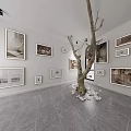 Art Exhibition Hall With Framed Artworks On Walls Central Tree Trunk Decoration Gray Tiled Floor