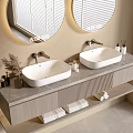 Modern Bathroom Vanity with Double Sinks Two Round Mirrors and Towel Shelf