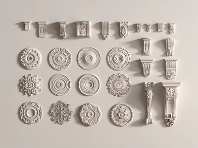 Ornate White Ceiling Medallions And Decorative Columns For Interior Design 3d model