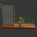Small Cat Doll On Wooden Platform With Glass Partition And Metal Railing