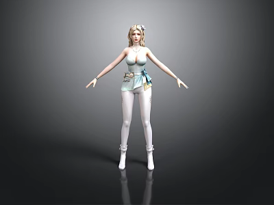 A Woman with Blonde Hair in White Fitted Outfit and Blue Accents Against Gray Backdrop 3d model