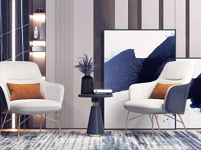 Casual Sofa Set With White Accent Chairs Orange Cushions Black Side Table And Abstract Painting 3d model